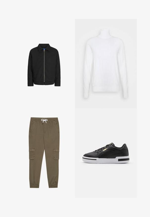 Sort jakke med krave, lynlås fortil og to sidelommer. Har en glat, strømlinet tekstur og et enkelt, moderne design.; Hvid turtleneck sweater med lange ærmer, lavet af glat stof. Har et tætsiddende design og ribbede manchetter og kant. Ingen mønstre eller accenter.; Khaki cargo bukser med elastisk linning og snor, med sidelommer og manchetter ved anklerne. Fremstillet af et tekstureret, let materiale.; Sort lædersneaker med hvid mellemsål, perforeret tå, guld logo detalje, polstret krave og kontrasterende sorte accenter på siden.