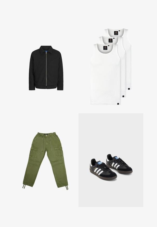 Giubbotto nero con collo a revers, zip frontale e due tasche laterali. Presenta una texture liscia e elegante e un design semplice e moderno.; Tre canotte bianche a coste in cotone. Presentano un colletto rotondo e piccole etichette nere vicino all'orlo. Disponibile in diverse taglie.; Pantaloni cargo verde oliva realizzati in tessuto leggero, dotati di una vita elastica, cordini e numerose tasche laterali.; Sneakers neri con tomaia in suede e materiale sintetico, caratterizzati da tre strisce bianche, suola in gomma testurizzata e etichetta blu sul linguetta.
