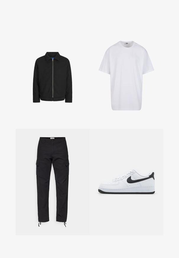 Svart jacka med krage, dragkedja fram och två sidofickor. Har en slät och mjuk textur samt en enkel, modern design.; Vit bomull t-shirt med korta ärmar, rundad halsringning, avslappnad passform och utan synliga logotyper eller mönster. Slät textur och minimal design.; Svarta cargobyxor i slitstarkt tyg, med sidofickor, en slimmad passform och justerbara muddar vid anklarna.; Vita lädersneakers med svart Nike Swoosh, rund tås design, snörning framtill, texturerad svart gummisula och "Air" präglat på hälen.