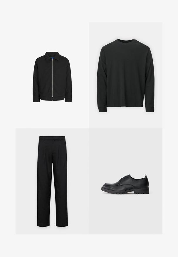 Sort jakke med krave, lynlås fortil og to sidelommer. Har en glat, strømlinet tekstur og et enkelt, moderne design.; Langærmet sort T-shirt lavet af bomuld, med rund halsudskæring, løs pasform og ribbede ærmer. Glat tekstur uden synlige mønstre.; Sorte bukser lavet af glat stof, med et lige ben-design, to frontfolder og en standard talje med bæltestropper.; Sorte læderdressko med en glat overflade, rund tå, snørebånd foran og en robust gummisål med et mønsteret slidbane.