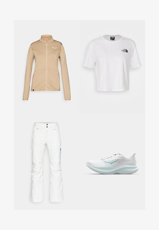 Beige idrettsjakke med lange ermer, høy krage, glidelås foran, teksturert stoff og subtilt logo. Har oransje glidelåsdetaljer og to lommer.; Hvit avkortet t-skjorte laget av bomull med rund hals og korte ermer. Har en svart logo på venstre bryst.; Hvite snøbukser med rett ben-design, to frontlommer og to svarte knappelukkinger. Teksturert stoff med svart merkevaredetalj.; Hvit løpesko med teksturert overdel, lyseblå mellomsåle og forsterket hæl. Har snøring og en fremtredende logo.