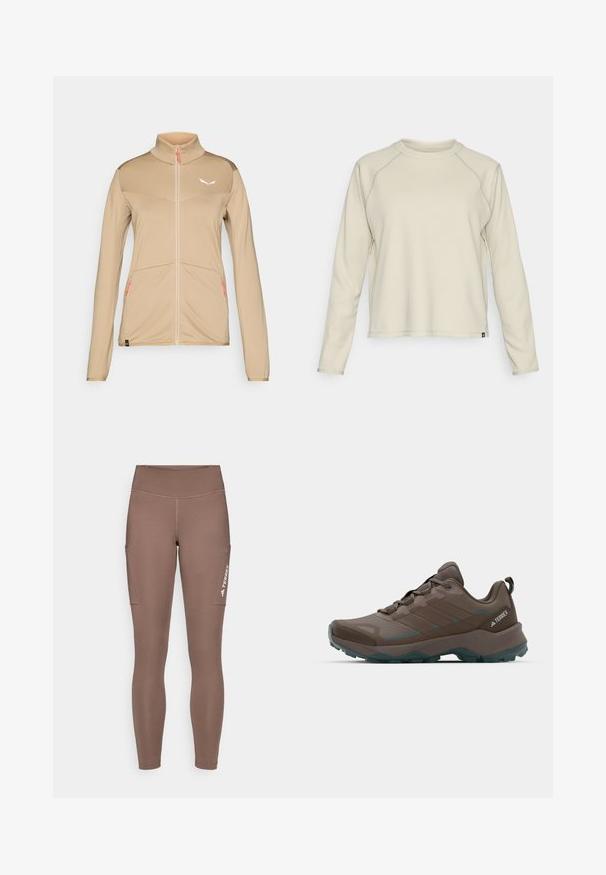 Beige Sportjacke mit langen Ärmeln, hohem Kragen, Reißverschluss vorne, strukturiertem Stoff und dezentem Logo. Mit orangefarbenen Reißverschlussakzenten und zwei Taschen.; Helle beige Langarmbluse mit strukturiertem, geripptem Design. Mit Raglanärmeln und rundem Ausschnitt. Dezentes Markenlogo am Saum.; Braune Sportlegging mit einem hohen Bund, ausgestattet mit Seitentaschen und einem weißen Logo. Glatter, dehnbarer Stoff für Komfort und Bewegungsfreiheit.; Graue und türkisfarbene Wanderschuhe mit Netzpaneelen, strukturiertem Obermaterial und robustem Gummisohle. Mit gepolsterter Zunge und Schnürdesign.