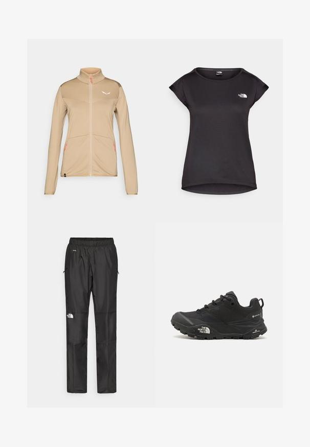 Beige athletic jacket with long sleeves, high collar, zip front, textured fabric, and subtle logo. Features orange zip accents and two pockets.; The North Face TANKEN TANK - Sports T-shirt - black; Black waterproof pants made from lightweight fabric, featuring an elastic waistband, side pockets, and a logo on the left leg.; Black hiking shoe with a textured upper, lace closure, and a chunky rubber sole featuring a prominent logo on the side and tread patterns.