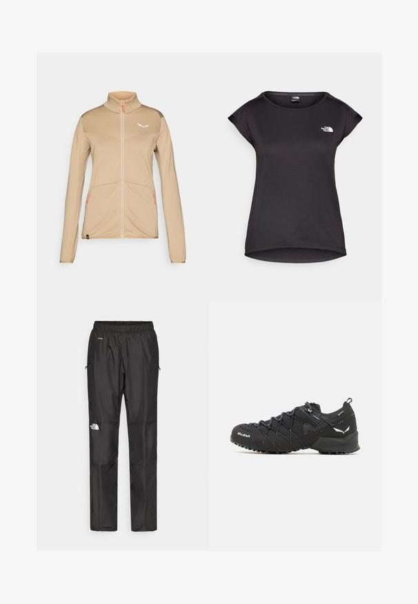 Beige athletic jacket with long sleeves, high collar, zip front, textured fabric, and subtle logo. Features orange zip accents and two pockets.; The North Face TANKEN TANK - Sports T-shirt - black; Black waterproof pants made from lightweight fabric, featuring an elastic waistband, side pockets, and a logo on the left leg.; Black hiking shoes with a textured fabric upper, lacing system, and rugged rubber sole. Accented with reflective details and logos.