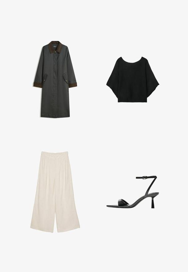 Tmavošedý kabát s hnedým kordovým golierom, dlhými rukávmi, bočnými vreckami a rovnou siluetou. Obsahuje gombíkovú výzdobu na golieri.; Čierny pletený top so širokými rukávmi, s okrúhlym výstrihom a voľným strihom. Tkanina má pruhovanú textúru, bez zapínania alebo vzorov.; Ľahké béžové široké nohavice z ľanu s plisovaným designom a elastickým pásom pre pohodlie a jednoduché nosenie.; Bershka Sandále na vysokom opätku - black