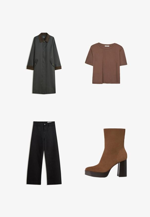 Tmavošedý kabát s hnedým kordovým golierom, dlhými rukávmi, bočnými vreckami a rovnou siluetou. Obsahuje gombíkovú výzdobu na golieri.; Hnedé tričko s krátkym rukávom vyrobené z jemného materiálu, s okrúhlym výstrihom a voľným strihom. Žiadne viditeľné vzory ani akcenty.; Čierne denimové nohavice s širokými nohavicami a vysokým pásom, so prednými a zadnými vreckami, šitými švami a zapínaním na gombík. Hladká textúra.; Hnedé z semišu členkové topánky s okrúhlou špičkou, robustným čiernym pruhovaným podpätkom a hladkým povrchom. Vyhotovenie je prispôsobené bez viditeľných kovových prvkov.