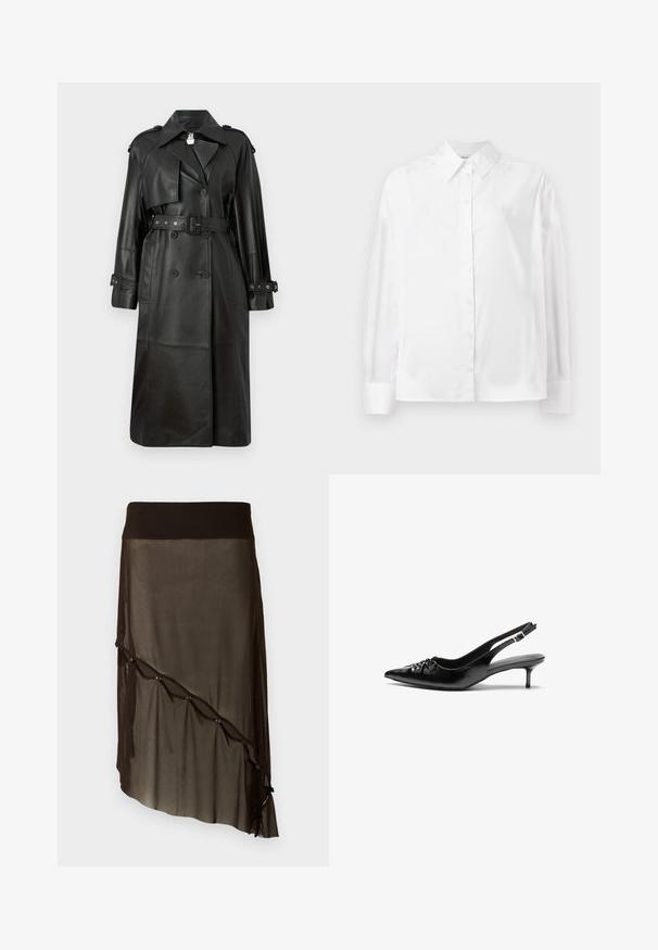 Casaco trench de couro preto com cintura cingida por um cinto, botões duplamente abotoados, colarinho afiado e detalhes perfurados nas mangas.; Camisa branca de mangas longas com botões, em um suave misto de algodão. Apresenta um colarinho clássico, fechamento frontal com botões e punhos arredondados.; Saia preta em rede com uma cintura ajustada, hemline assimétrica, botões decorativos à frente e textura translúcida em camadas.; Sapatos de salto alto slingback em couro preto com bico fino, pequeno salto kitten e um detalhe decorativo em forma de nó na parte da frente. Textura suave em toda a parte.