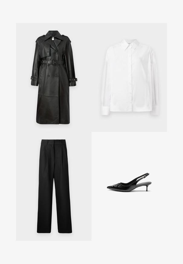 Black leather trench coat with a belted waist, double-breasted buttons, sharp collar, and perforated detailing on sleeves.; White long-sleeve button-up shirt in a smooth cotton blend. Features a classic collar, front button closure, and rounded cuffs.; Black wide-leg trousers with a smooth texture, featuring front pleats and a high waist design. Made from a lightweight fabric.; Black leather slingback heels with a pointed toe, low kitten heel, and gathered detail on the vamp. Smooth texture and minimalist design.