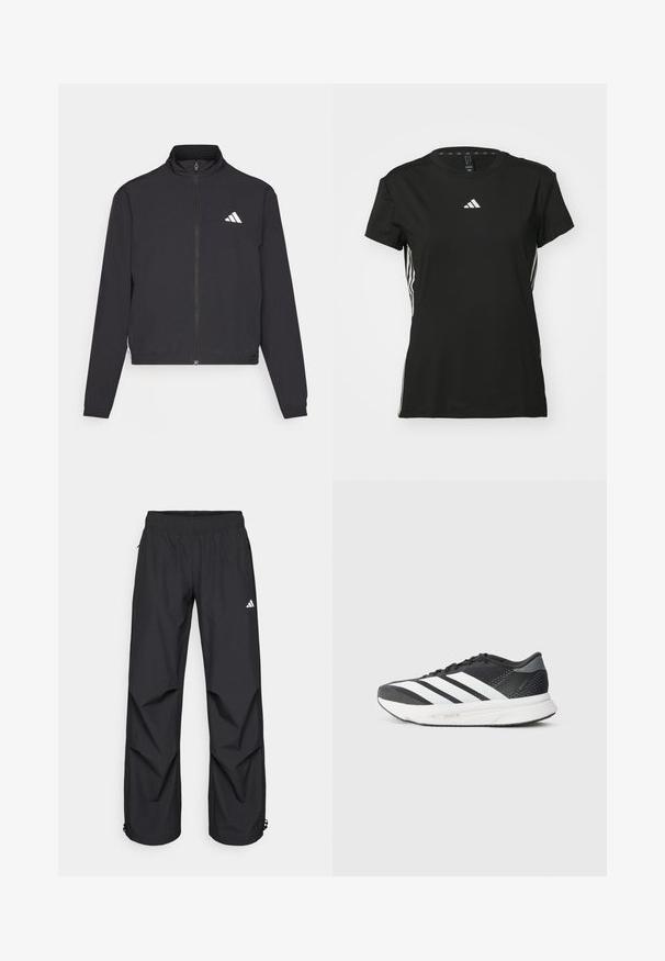 adidas Performance TRAIN ESSENTIALS 3 STRIPES WARM UP - Μπουφάν προπόνησης - black/white; Μαύρο αθλητικό t-shirt με κοντά μανίκια, φτιαγμένο από συνθετικό υλικό. Διαθέτει ένα μικρό λευκό λογότυπο στο στήθος και λευκές ρίγες στα πλάγια.; Μαύρο, ελαφρύ, αδιάβροχο παντελόνι με ελαστική μέση, πλαϊνές τσέπες και ρυθμιζόμενες μανσέτες. Διαθέτει άσπρο λογότυπο στο αριστερό μηρό.; Μαύρο αθλητικό παπούτσι με λευκές ρίγες, διαπνέον πάνω μέρος, μαξιλαρωμένη σόλα και κομψό σχέδιο. Γκρι λεπτομέρειες στη φτέρνα και τη γλώσσα.