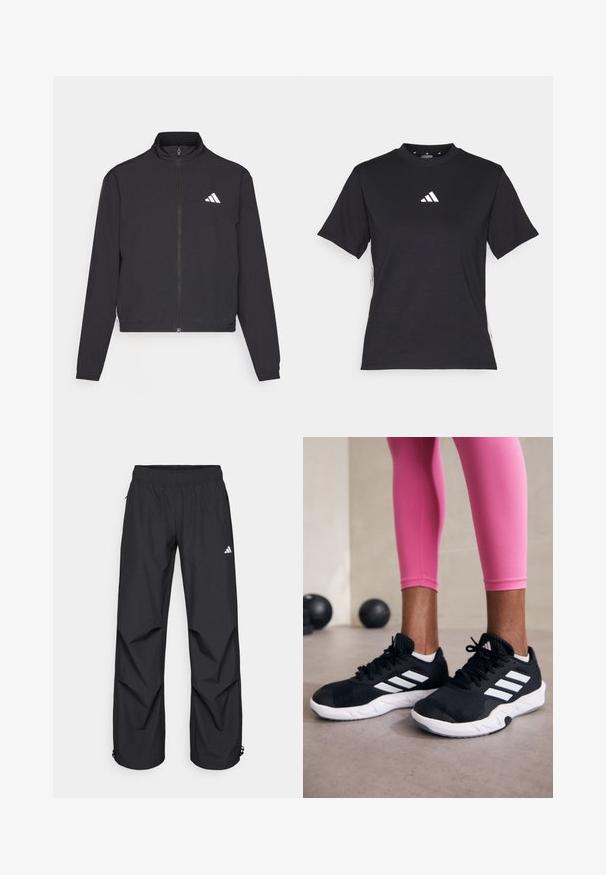 adidas Performance TRAIN ESSENTIALS 3 STRIPES WARM UP - Training jacket - black/white; Black short-sleeve T-shirt made of soft fabric. Features a white Adidas logo and contrasting white stripes along the sides.; Black, lightweight, waterproof pants with an elastic waistband, side pockets, and adjustable cuffs. Features a white logo on the left thigh.; Black athletic shoes with white stripes, textured mesh upper, and a white sole. Worn with pink leggings, showcasing training apparel.