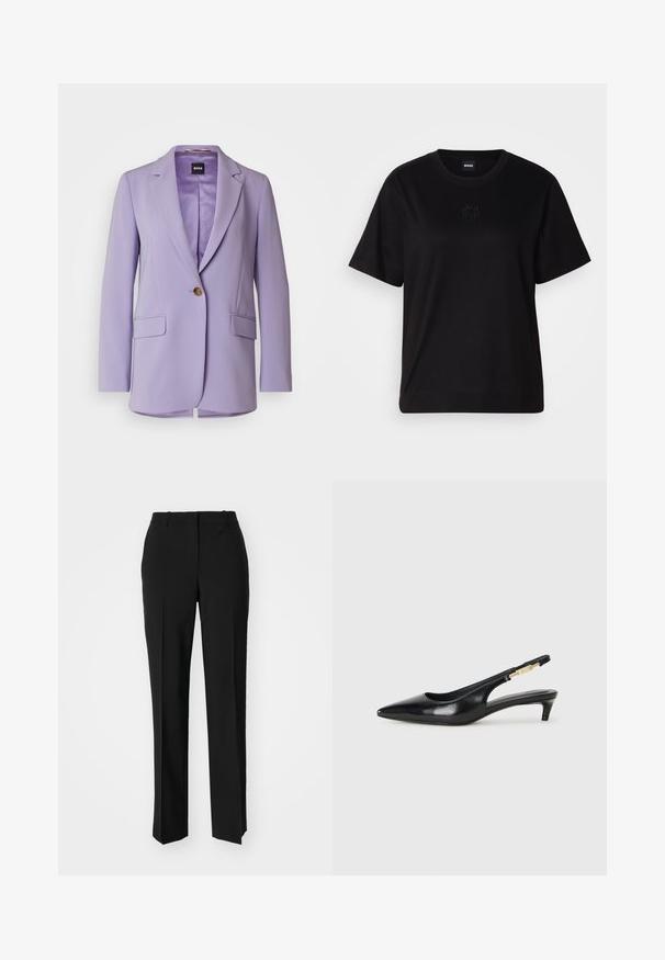 BOSS JOCALUAH - Kratek plašč - medium purple; Črna bombažna majica s krožnim izrezom, kratkimi rokavi in izvezenim logotipom na prsih. Preprosta, sproščena silhueta brez vzorcev.; Črne krojene hlače s direktnim krojem, ki se ponašajo z gladko teksturo in ostrimi pregibi spredaj. Ni vidne kovine.; Črne usnjene sandale na peto z ostro konico, ki imajo tanko peto in zlat ton na nastavljivem traku. Gladka tekstura.