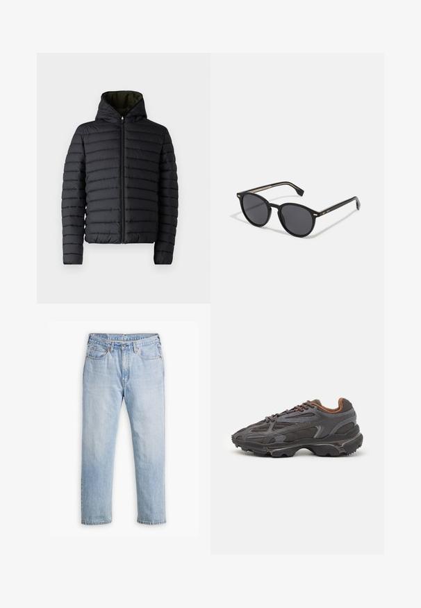 Zwarte pufferjack met een ritssluiting aan de voorkant en capuchon. Beschikt over horizontaal gestikte panelen en een contrasterende groene binnenkant. Soepele textuur.; Zwarte lichtgewicht trui met een halve rits kraag, ribgebreide manchetten en zoom, met een klein groen logo op de borst.; Lichtblauwe denim jeans met een recht model, vijf zakken en contrasterende stiksels. Knopen- en ritssluiting bij de taille.; Lacoste sneakers in donkergrijs van mesh en synthetisch materiaal, met een gestructureerde zool en bruine accenten op de kraag en branding.; BOSS Zonnebril - black