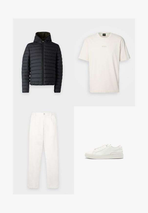 Doudoune noire avec fermeture éclair à l'avant et capuche. Présente des panneaux en matelassage horizontal et un intérieur vert contrastant. Texture lisse.; BOSS TEE - T-shirt basique - open white; Pantalons blancs en tissu lisse, présentant une coupe droite, des plis avant et une fermeture à un bouton à la taille.; Baskets en cuir blanc avec un upper texturé, une pointe ronde, un design minimaliste et une semelle en caoutchouc avec des coutures décoratives.