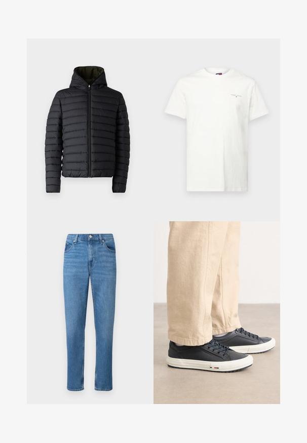 Črna puffer jakna z zadrgo spredaj in kapuco. Ima horizontalno prešite panele in kontrastno zeleno notranjost. Gladka tekstura.; Bela bomba iz bombaža s kratkimi rokavi, V-izrezom in majhnim izvezenim logotipom na levi prsni strani. Gladka tekstura in redna prileganje.; Modri traper hlače z ravnim krojem, ki vključujejo klasičen pet-pocket stil, sprednje zapiranje na gumb in subtilne detajle strganja.; Temno modri športni čevlji z gladkim usnjenim zgornjim delom, belim gumijastim podplatom in podrobnim vezanjem. Ujemajo se z bež, ohlapnimi hlačami.