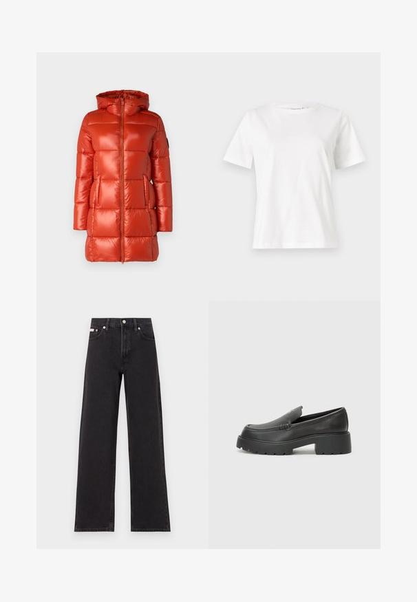 Red puffer jacket with a shiny finish, hood, front zipper, and side pockets. Quilted design with evenly spaced panels.; White cotton t-shirt with short sleeves, round neckline, and a relaxed fit. Smooth texture, no patterns or accents, minimalistic design.; Black wide-leg jeans made of denim, featuring a high-rise waist, five-pocket styling, and a metal button closure with contrasting stitching.; Black leather loafers with a rounded toe, thick textured sole, and minimal stitching details. Sleek design with no visible laces or hardware.