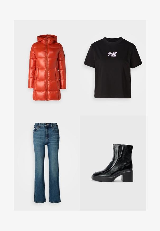 Červená pufrová bunda s lesklým povrchom, kapucňou, predným zipsom a bočnými vreckami. Prešívaný dizajn s rovnomerne rozmiestnenými panelmi.; Čierne bavlnené tričko s okrúhlym výstrihom a krátkymi rukávmi. Na hornej ľavej strane hrude sa nachádza logo "CK" v bielej a ružovej farbe.; Džínsy s vysokým pásom, vyrobené z denimu, s rovnými nohavicami, jemným vyblednutím a štandardným zapínaním na gombík a zips.; Čierne lakované členkové topánky s zakrivenou špičkou, elastickými bočnými panelmi a masívnym blokovým opätkom. S embosovaným logom na zadnej strane.