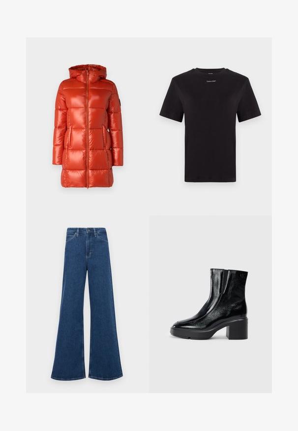 Sarkans pūšamo jaku ar spīdīgu apdari, ar kapuci, priekšējo rāvējslēdzēju un sānu kabatām. Kvalitatīva izšūšana ar vienādi izvietotiem paneļiem.; Melna kokvilnas T-kreklu ar īsām piedurknēm, apaļu kakla izgriezumu un nelielu baltu "Calvin Klein" logotipu krūtīs. Gluda tekstūra, klasiskā piegriezuma.; Zilas džinsas flared bikses ar augstu jostasvietu, kas aprīkotas ar piecām kabatām, pogu aizdari un kontrastējošu dūriens uz šuvēm.; Melnas lakotas ādas potītes zābaki ar izliekto purngalu, elastīgām sānu paneļiem un masīvu blokveida papēdi. Aizmugurē ir izsistā logo.