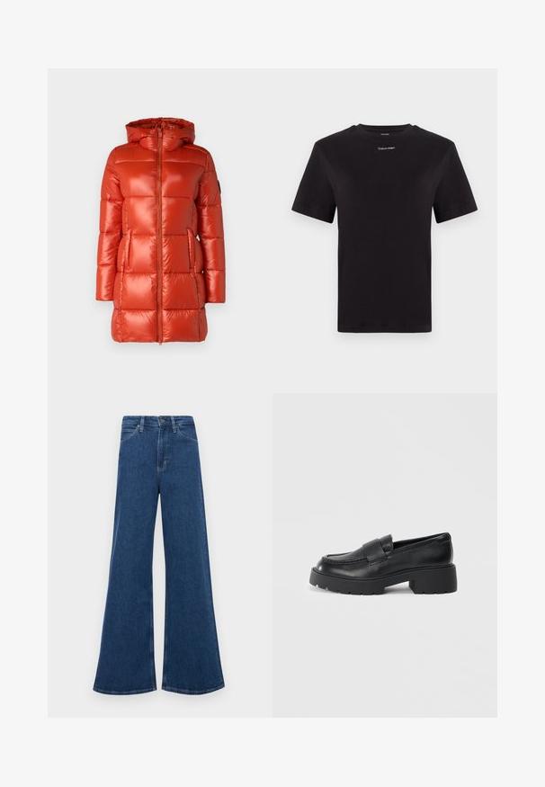 Punane puhvjakott läikiva viimistlusega, kapuutsiga, ees tõmblukuga ja küljetaskutega. Vooderdis disain, millel on ühtlaselt jaotatud paneelid.; Must musta t-särk lühikeste käistega, ümberringi kaelusega ja väikese valge "Calvin Klein" logo'ga rinnal. Sile tekstuur, klassikaline lõige.; Sinine denimist laienevad teksad kõrge vöökoha ja viie taskuga, nupuvajutusega kinnituse ning kontrastsete õmblustega õmblustel.; Musträid nahast loafertossud struktureeritud viimistlusega, millel on ristkülikukujuline rihm vampi üle ja jäme, soonikuga talla disain.