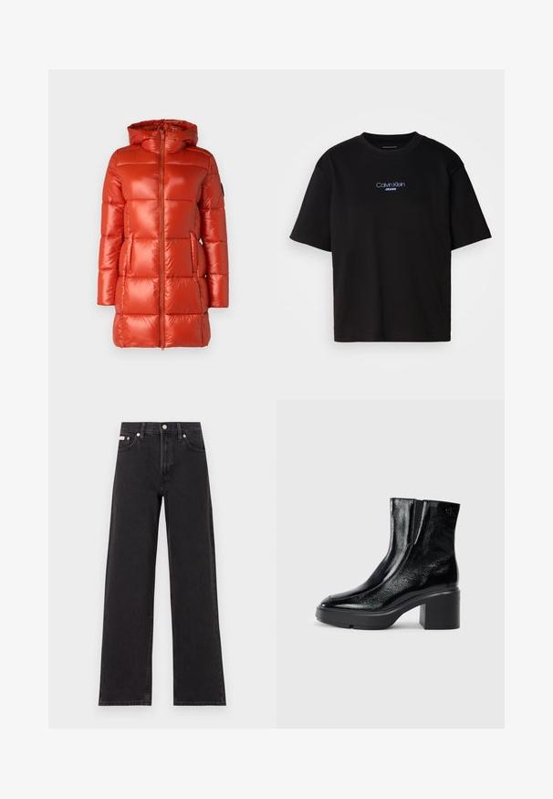 Giacca puffa rossa con finitura lucida, cappuccio, zip frontale e tasche laterali. Design trapuntato con pannelli equidistanti.; T-shirt nera in cotone con colletto rotondo, maniche corte e logo ricamato blu "Calvin Klein JEANS" sul davanti.; Jeans neri a gamba larga in denim, con vita alta, styling a cinque tasche e chiusura con bottone metallico e cuciture a contrasto.; Stivali alla caviglia in pelle verniciata nera con punta curva, pannelli laterali elasticizzati e tacco robusto. Presentano un logo impresso sul retro.