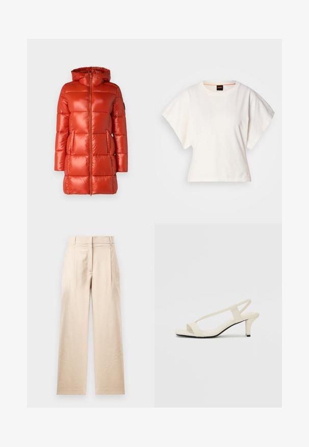 Veste doudoune rouge avec une finition brillante, capuche, fermeture éclair à l'avant et poches latérales. Design matelassé avec des panneaux régulièrement espacés.; T-shirt blanc cintré, manches courtes et larges, en coton doux, décolleté rond avec une discrète bordure orange, design minimaliste, sans motifs ni graphiques.; Pantalon beige en tissu lisse. Présente une coupe droite, un devant plat et deux plis. Sans motifs visibles ni accessoires.; Sandales beiges à talons carrés avec des fines brides et un bout carré. Matière lisse avec des détails minimaux, conçues pour un port facile.
