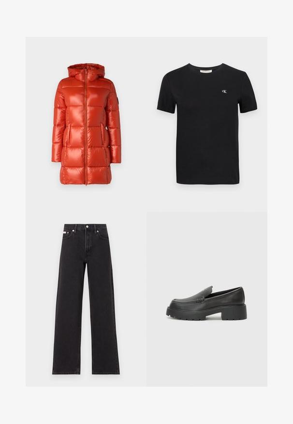 Giacca puffa rossa con finitura lucida, cappuccio, zip frontale e tasche laterali. Design trapuntato con pannelli equidistanti.; T-shirt in cotone nero con collo rotondo classico, maniche corte e un piccolo logo bianco ricamato "ck" sul petto.; Jeans neri a gamba larga in denim, con vita alta, styling a cinque tasche e chiusura con bottone metallico e cuciture a contrasto.; Mocassini in pelle nera con punta arrotondata, suola spessa e testurizzata, e minime cuciture. Design elegante senza lacci o parti metalliche visibili.