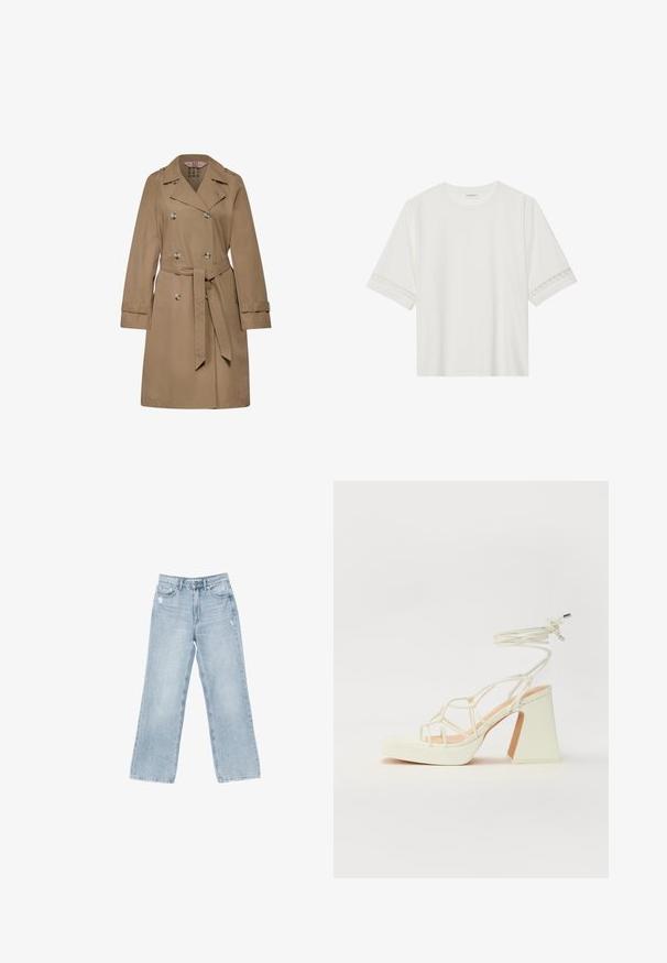 Beżowy płaszcz trench z gładkiego materiału, z podwójnym zapięciem na guziki, z paskiem w talii oraz długimi rękawami z paskami na mankietach.; Biała, krótka koszulka z bawełny z dekoracyjnym koronkowym wykończeniem przy rękawach i okrągłym dekoltem.; Jasnoniebieskie dżinsy o szerokim kroju, z wystrzępieniami, pięcioma kieszeniami oraz zapięciem na zamek błyskawiczny.; Biała sandał na wysokim obcasie z masywnym słupkiem, z paskowym wzorem i wiązaniem przy kostce. Gładka faktura z platformą z przodu dla dodatkowej wysokości.