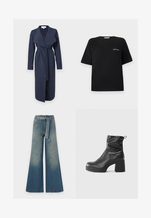 Navy zils garais piedurkņu apģērbs ar apkārtni, jostu viduklī un sānu kabatām. Gluda auduma ar atvērtu priekšpusi un nedaudz izplestu apakšmali.; Melnas kokvilnas t-kreklis ar īsām piedurknēm un apaļu kakla izgriezumu. Ar baltu izšuvumu kreisajā krūšu daļā. Gluda tekstūra.; Platām kājām džinsu bikses ar gaismas līdz tumši zilam gradientam, augstu jostas līniju, jostas cilpām un atbilstošu auduma jostu. Tekstūrēts džinsas apdare.; Melni potītes zābaki, kas izgatavoti no gludas ādas, ar sānu rāvējslēdzēju, masīvu strukturētu papēdi un noapaļotu purngalu.