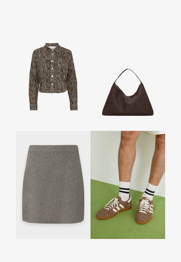 Kaffe LEONDRA - Spijkerjas - feather gray black animal; Lichtgrijze gebreide pullover met een hoge hals, verlaagde schouders en ribgebreide manchetten en zoom. Zachte textuur met een relaxte pasvorm.; Grijze gebreide minirok met een geribde tailleband, een gladde textuur en een rechte snit, ontworpen voor een getailleerde silhoeet.; Bruine suède sneakers met witte accenten en veters. Rubberen gumzool. Draag met witte sokken met zwarte strepen. Groene gestructureerde vloer.; Bruine geweven leren handtas met een slonzig, driehoekig model. Voorzien van een gevlochten handvat en een ritssluiting aan de bovenkant.