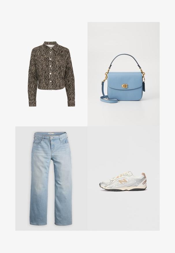 Kaffe LEONDRA - Džínová bunda - feather gray black animal; Bílý triko s krátkým rukávem, kulatým výstřihem, vyrobené z měkké, hladké bavlny, s rovním lemem a minimálním zdobením. Jednoduchý a univerzální design.; Světle modré široké džíny vyrobené z denimu. Mají vysoký pas, pět kapes a kontrastní švy. Hladká textura s vybledlým povrchem.; Sportovní tenisky ve světle šedé barvě se stříbrnými akcenty, síťovaným svrškem, béžovými detaily a černou gumovou podrážkou. Mají tkaničky a polstrovaný jazyk.; COACH CASSIE CROSSBODY BAG - Kabelka - blue