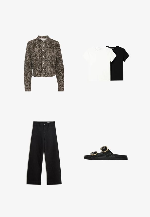 Kaffe LEONDRA brązowy; Dwa t-shirty z krótkim rękawem, jeden biały i jeden czarny, wykonane z bawełny. Oba mają okrągły dekolt i prosty, klasyczny design.; Czarne dżinsowe spodnie o szerokich nogawkach i wysokim stanie, z przednimi i tylnymi kieszeniami, przeszyciami oraz zapięciem na guziki. Gładka struktura.; Czarne klapki z dwoma złotymi klamrami, gładki materiał, płaska podeszwa i minimalistyczny design.