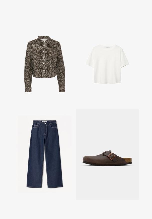 Kaffe LEONDRA - Cowboyjakker - feather gray black animal; Hvid kortærmet t-shirt lavet af bomuld. Har en rund halsudskæring og en afslappet pasform. Glat tekstur uden synlige mønstre eller detaljer.; Mørkeblå brede jeans i denimstof med hvide syninger, har to frontlommer og en klassisk knaplukning.; Brun læderklump med en bred rem og en kobberlås, der har en tekstureret korksål og en tyk sort gummisål.