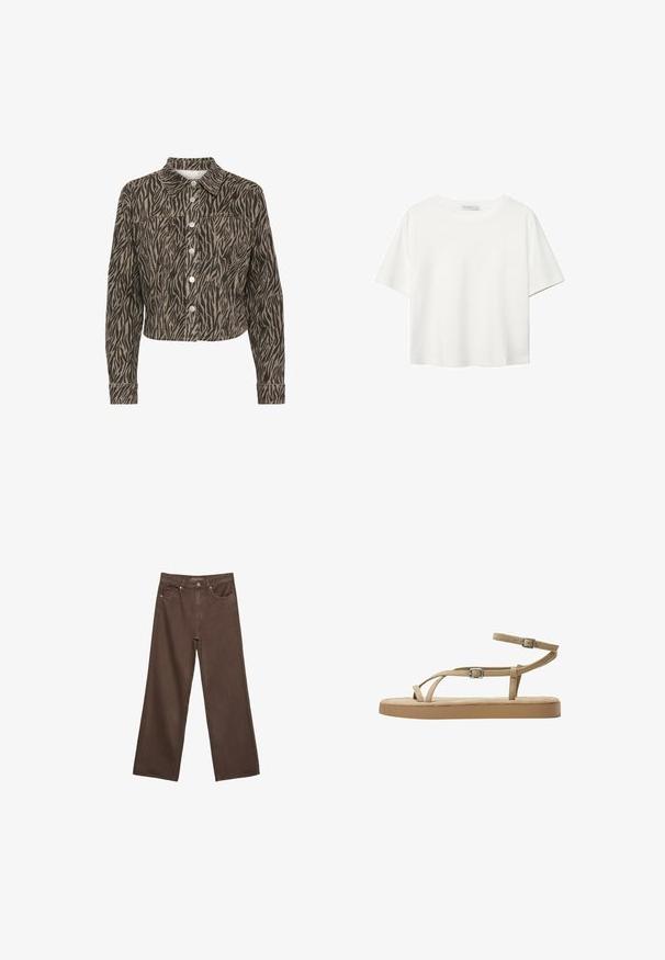 Kaffe LEONDRA - Jeansjacke - feather gray black animal; Weißes T-Shirt mit kurzen Ärmeln aus Baumwolle. Hat einen Rundhalsausschnitt und eine lockere Passform. Glatte Textur ohne sichtbare Muster oder Akzente.; Weite braune Jeans aus Denim, mit hoher Taille, Fronttaschen und klassischem Knopfverschluss. Glatte Textur mit feinen Nähten.; Beige Sandalen mit schmalen Riemen, Schnallen-Detail und gepolsterter Sohle. Die Riemen sind aus einem weichen Material gefertigt, das für Komfort und Atmungsaktivität sorgt.