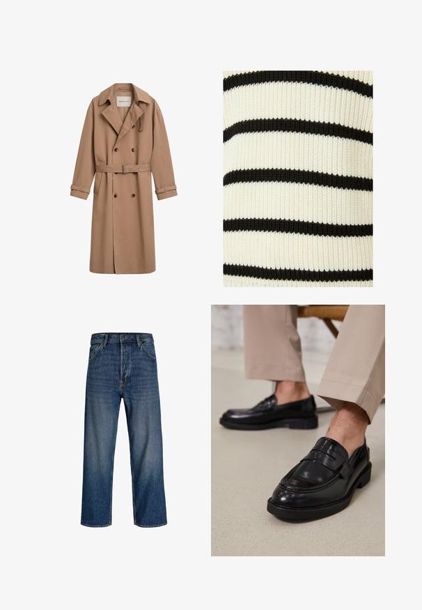 Jasnobrązowy płaszcz trench z podwójnym zapięciem, szerokim kołnierzem i paskiem w talii. Wykonany z gładkiego materiału z akcentami guzików.; Tkanina dzianinowa w paski z naprzemiennymi czarnymi i kremowymi poziomymi liniami. Tekstura jest żebrowana, co wskazuje na elastyczność i rozciągliwość.; Biały bawełniany t-shirt z krótkimi rękawami, okrągłym dekoltem i prostym krojem. Gładka faktura bez widocznych wzorów czy akcentów.; Jeans dżinsowe o prostym kroju, w ciemnoniebieskim kolorze z delikatnym przetarciem. Zawierają pięć kieszeni i zapięcie na guzik.; Czarne skórzane mokasyny o gładkim wykończeniu, z dekoracyjnym paskiem i kontrastowym szwem, w połączeniu z beżowymi spodniami.