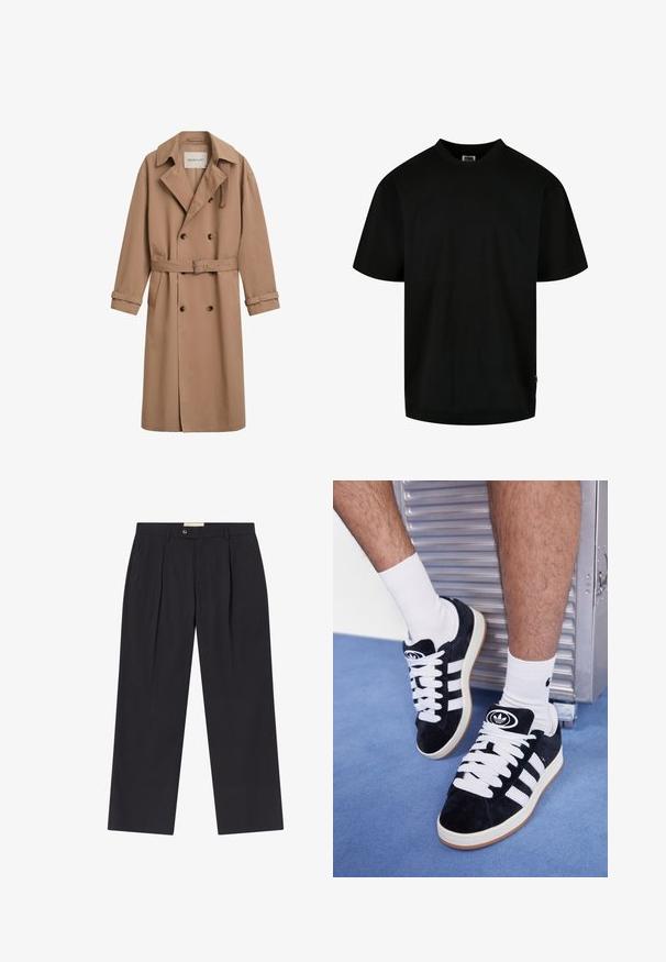 Lichtbruine trenchcoat met een dubbelgebreid ontwerp, brede kraag en een ceintuur in de taille. Gemaakt van een gladde stof met knoopaccenten.; Zwart T-shirt van katoen, met een ronde hals en korte mouwen in een losse pasvorm. Eenvoudig ontwerp, zonder patronen of grafische elementen.; Op maat gemaakte donkerblauwe broeken met een hoge taille, twee voorplooien, knoopsluiting en rechte pijpen in een soepele stof.; Zwarte suède sneakers met witte veters en drie witte strepen. Heeft een cirkelvormig zwart logo op de tong en een gumrubberen zool.