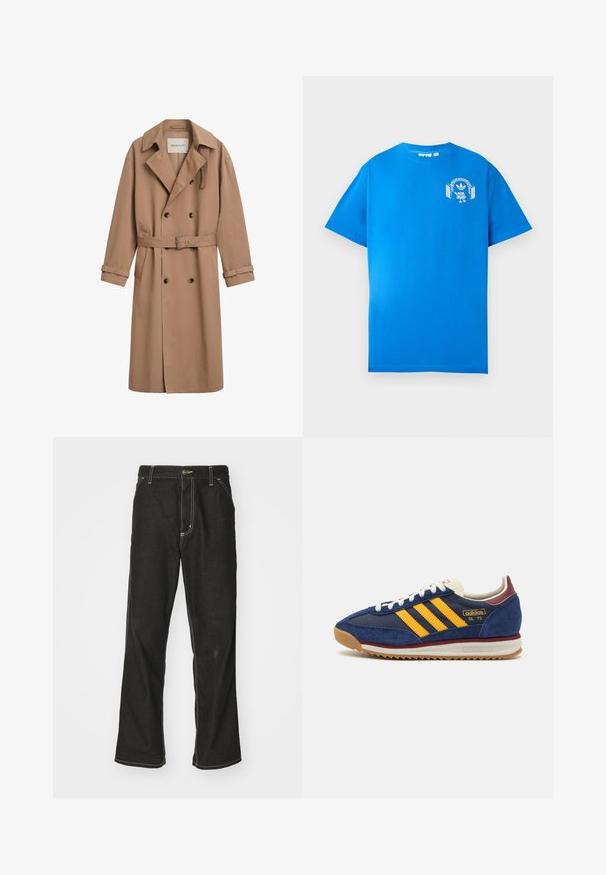 Lysebrune trenchcoat med dobbeltsyet design, bred krave og bælte i taljen. Fremstillet af et glat stof med knapdetaljer.; Blå bomulds t-shirt med korte ærmer. Har et hvidt grafisk design på forsiden, der viser en karakter med hovedtelefoner og en bue.; Sorte denimjeans med løs pasform, der har kontrasterende hvid syning, en knaplukning og et lige ben-design.; Marineblå suede sneakers med gule striber, hvide snørebånd og burgunder accenter. Tekstureret sål med riller for bedre greb. Brandlogo på siden.