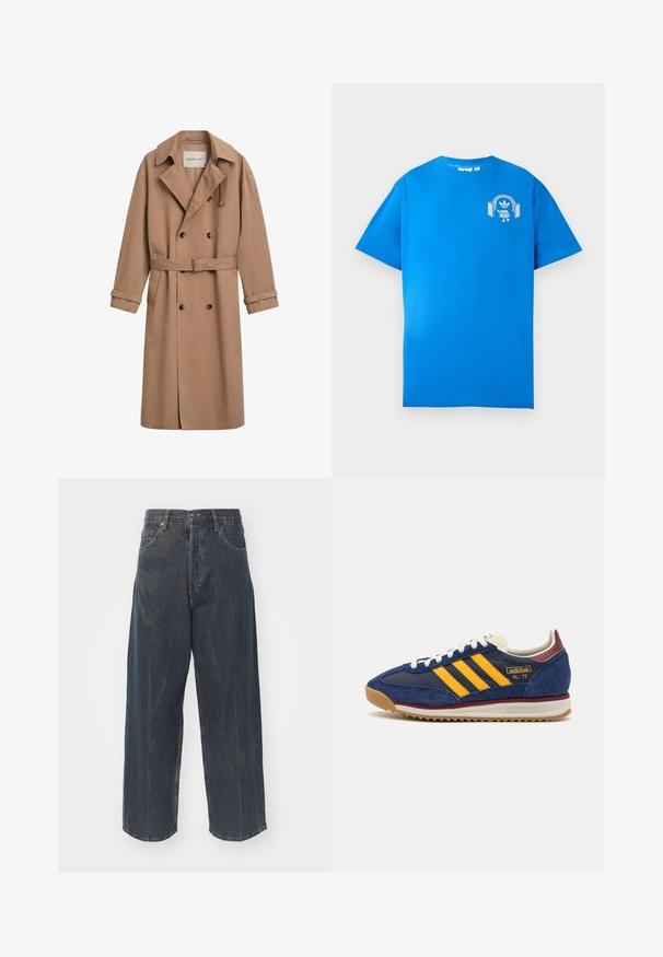Lichtbruine trenchcoat met een dubbelgebreid ontwerp, brede kraag en een ceintuur in de taille. Gemaakt van een gladde stof met knoopaccenten.; Blauwe katoenen t-shirt met korte mouwen. Heeft een witte grafische afbeelding op de voorkant, met een personage met een hoofdtelefoon en een boog.; Brede donkerblauwe denim jeans met subtiele verwering, vijf zakken en een klassieke knoop- en ritssluiting in de taille.; Marine blauwe suède sneaker met gele strepen, witte veters en bordeauxrode accenten. Textuurzool met groeven voor grip. Merksymbool aan de zijkant.