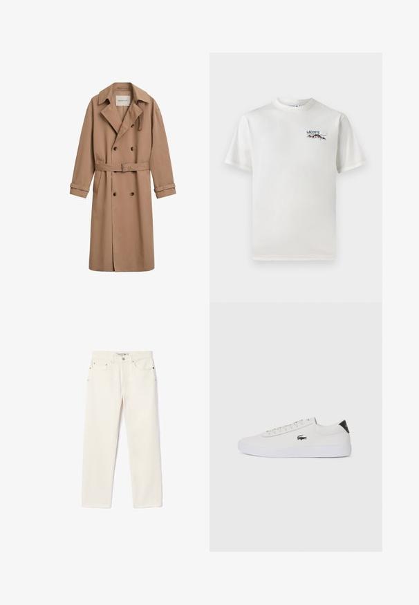 Abrigo trench de color marrón claro con diseño de doble botonadura, amplio cuello y cintura con cinturón. Está hecho de una tela suave con detalles de botones.; Camiseta de algodón blanca con cuello redondo, mangas cortas y un pequeño logotipo bordado que presenta montañas y texto en el lado izquierdo del pecho.; Jeans de mezclilla de color crema con corte recto, que cuentan con dos bolsillos frontales, un cierre de botón y un sutil logo cerca de la cintura.; Zapatilla de cuero blanca con punta redonda, parte frontal con cordones y acento negro en el talón. Presenta un pequeño logo de cocodrilo bordado en el lateral.