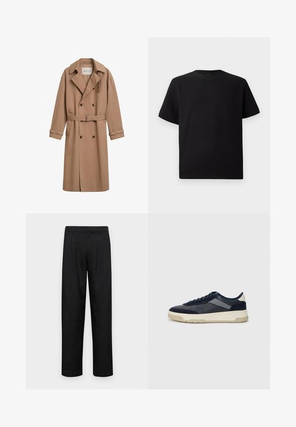Trench-coat brun clair avec une conception croisée, large col et taille ceinturée. Fabriqué en tissu lisse avec des accents de boutons.; T-shirt noir à manches courtes en tissu texturé, avec un col rond et une coupe décontractée. Simple, sans motifs ni accents.; Pantalons noirs en tissu lisse, avec une coupe droite, deux plis avant et une taille standard avec passants de ceinture.; BOSS BALTIMORE - Baskets basses - open blue