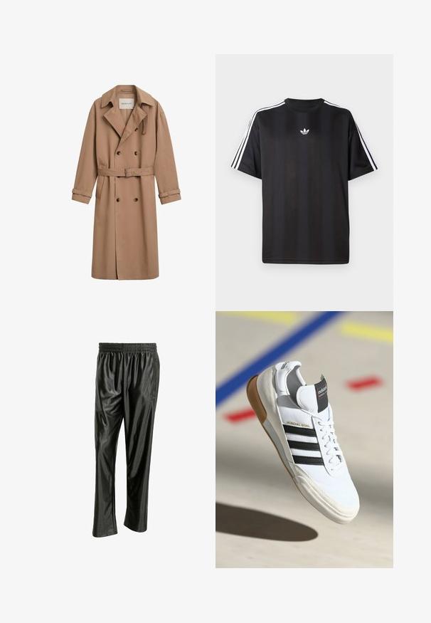 Light brown trench coat with a double-breasted design, wide collar, and belted waist. Made of a smooth fabric with button accents.; Black short-sleeve t-shirt with white three-stripe detailing on shoulders and a small white logo on the chest. Smooth fabric texture.; Black, shiny athletic pants made from a smooth, synthetic material. Features an elastic waistband and side zip pockets. Relaxed fit.; White Adidas Mundial Goal sneaker with black stripes and gum sole, shown mid-air over a sports court floor with colored lines.