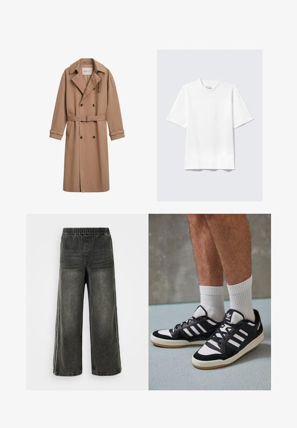 Svijetlosmeđi trench kaput s dvostrukim kopčanjem, širokim ovratnikom i pojasom u struku. Izrađen od glatkog materijala s detaljima od gumba.; Pola bijela majica kratkih rukava s opuštenim krojem razložena na svijetlosivoj pozadini.; Crne pranedene traperice s elastičnim pojasom i širokim nogavicama, koje sadrže suptilne vertikalne šavove s bočnih strana.; Crne i bijele tenisice s gornjim dijelom od antilopa i kože, s tri bijele pruge, perforiranim prstom i gumiranim potplatom.