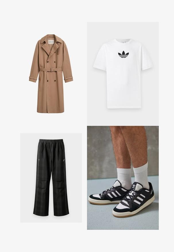 Világosbarna trench coat dupla gombolású dizájnnal, széles gallérral és övvel ellátott derékkal. Simább anyagból készült, gombos díszítésekkel.; Fehér pamut póló, középen fekete Adidas logóval. Rövid ujjú és kerek nyakú kialakítással. Sima textúra.; Fekete kockás nadrág, rugalmas derékkal, két elülső zsebbel és laza, egyenes szárú fazonnal. Könnyű anyagból készült.; Fekete-fehér tornacipők velúr és bőr felsőrésszel, három fehér csíkkal, perforált orral és gumi talppal.