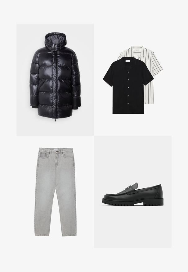 Schott IVAN - Vinterfrakke - black; To korteærmede skjorter: en ensfarvet sort og en hvid med sorte lodrette striber. Begge har knaplukninger og en klassisk krave.; Lysegrå denimbukser med lige ben, fem lommer og knaplukning. Synlig syning langs sømmene.; Sorte læder loafers med rund tå, der har et syet design, lav platformssål og en struktureret, skridsikker gummisål.