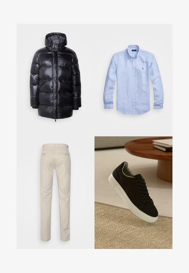 Schott IVAN - Vinterfrakke - black; Blå og hvid stribet langærmet skjorte lavet af bomuld, med knap-ned krave, frontknapper og et lille broderet logo på brystet.; Beige bukser med en glat overflade, lige snit, to baglommer med knapper og en standard talje.; Sort sneaker med hvid sål svævende over en beige tekstureret tæppe nær et rundt trætabel med stablede bøger.