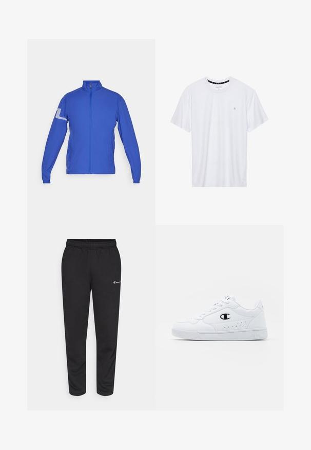 J.LINDEBERG Sports HEATH - Outdoorjakke - clemantis blue; Hvit crewneck t-skjorte laget av bomull, med korte ermer og en liten logo brodert på venstre brystområde. Myk tekstur.; svarte sweatpants laget av en bomullsblanding, med elastisk midjebånd og en liten hvit logo på venstre side. Tapered ben design.; Hvite atletiske joggesko med en glatt syntetisk overdel, svart logo-akcent og perforerte detaljer på siden. Gummisåle.