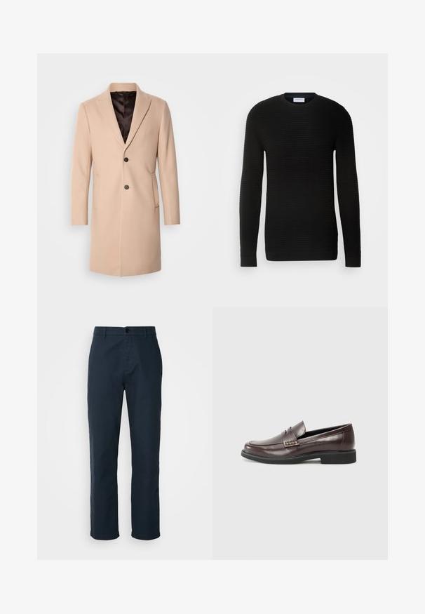 Isaac Dewhirst COMFORT COAT - Abrigo clásico - light camel; Suéter negro de manga larga con textura acanalada, escote redondo y puños ajustados. Hecho de un material suave y elástico.; Chinos azul marino hechos de tela de algodón, con un diseño de pierna recta, cierre de botón y bolsillos laterales para mayor utilidad.; Mocasines de cuero marrón con un acabado suave, que presentan un sutil detalle de costura en la parte superior y una suela de goma negra.