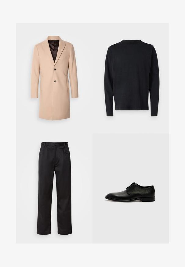 Isaac Dewhirst COMFORT COAT - Klasični plašč - light camel; Črna dolga majica z dolgimi rokavi iz mehkega blaga. Ima okroglo izrezano ovratnik in spuščene ramena. Gladka textura brez vidnih vzorcev.; Črne hlače iz gladkega materiala, ki imajo sprednjo zaponko, naborke in ravne noge. Brez vidnih vzorcev ali okraskov.; Črne usnjene čevlje z gladko površino spredaj in teksturiranim panelom ob strani, zaobljenim prstom in vezalnim oblikovanjem.