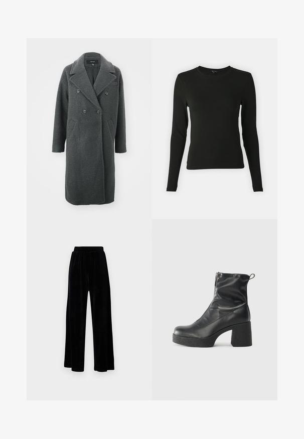 Cappotto in misto lana grigio scuro con design doppiopetto, colletto a punta, due tasche frontali e tessuto texturizzato.; Maglietta nera a maniche lunghe realizzata in tessuto morbido, con scollo rotondo e forma aderente, senza motivi o accenti visibili.; Pantaloni neri a gamba larga realizzati in morbido velluto, dotati di una cintura elastica e una superficie liscia, senza dettagli o motivi visibili.; Stivali neri alla caviglia in pelle liscia, con zip laterale, tacco spesso e texture, e punta arrotondata.