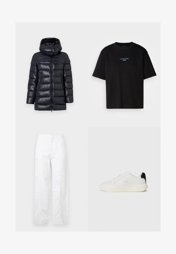 Tumes laigupuffer jope, läikiva viimistlusega, hobusesaba tikandiga tekstuur, eemaldatav kapuuts, kaks küljetaskut ja eesmine tõmblukk.; Mustmust särk ümmarguse kaelusega, lühikeste varrukatega ja sinise tikandiga "Calvin Klein JEANS" logo ees.; Valged laiad püksid, mis on valmistatud kergetest materjalidest, omades siledat tekstuuri, puhtaid jooni ja kõrget vöökohta.; Valge tennisepaar, millel on sile nahkpealne, ümar nina, paelakinnitus ja kontrastne must kannaaktsent. Omab tekstuurset kummitalda.