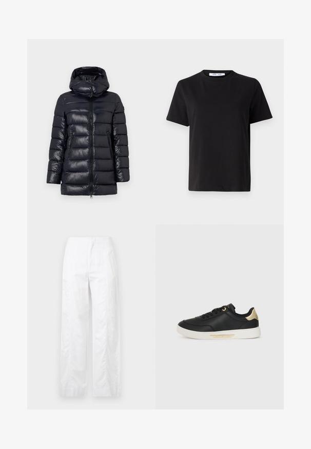 Casaco puffer azul-marinho com acabamento brilhante, textura quilted em zigzag, capuz destacável, dois bolsos laterais e fecho frontal.; T-shirt preto de manga curta feito de algodão suave, com decote redondo, ajuste descontraído e uma textura suave. Sem padrões ou gráficos visíveis.; Calças brancas de perna larga feitas de um tecido leve, com uma textura suave, linhas limpas e um design de cintura alta.; Sapatilha preta em couro com textura suave, sola de borracha branca, detalhes em dourado no calcanhar e nos ilhós, apresentando um logotipo na lateral.