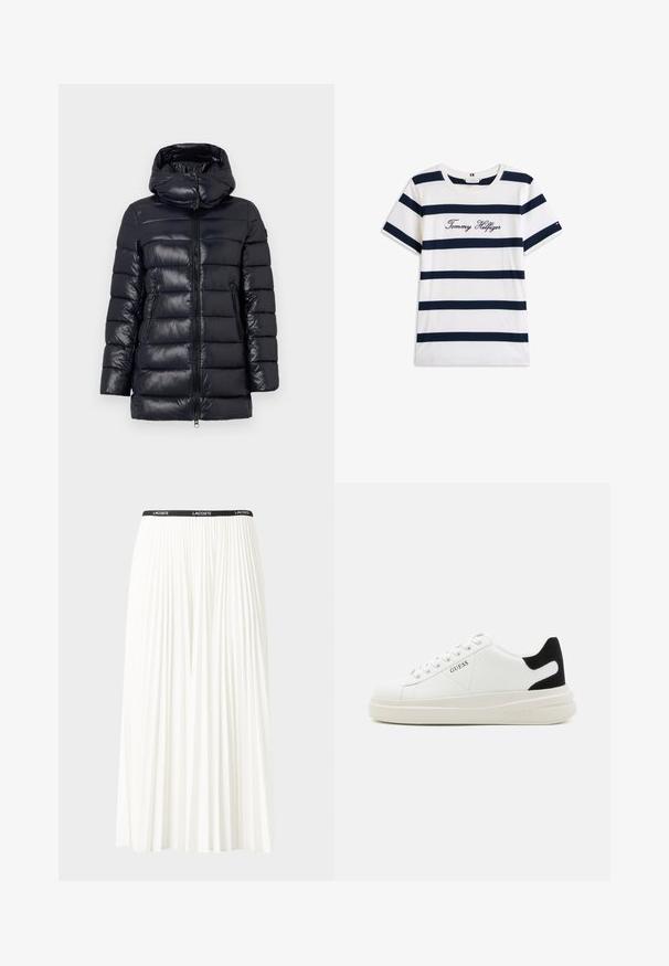 Giubbotto imbottito navy con finitura lucida, texture a motivo zigzag, cappuccio rimovibile, due tasche laterali e zip frontale.; T-shirt in cotone con righe orizzontali blu navy su sfondo bianco. "Tommy Hilfiger" ricamato in corsivo sul petto. Collo a giro.; Gonna bianca plissettata con elastico nero in vita che presenta il logo "LACOSTE". Design di lunghezza media con texture morbida.; Sneaker bianchi in pelle con suola spessa bianca, accento in suede nero sul tallone e logo impresso sul lato. Design con lacci e sei fori per i lacci.